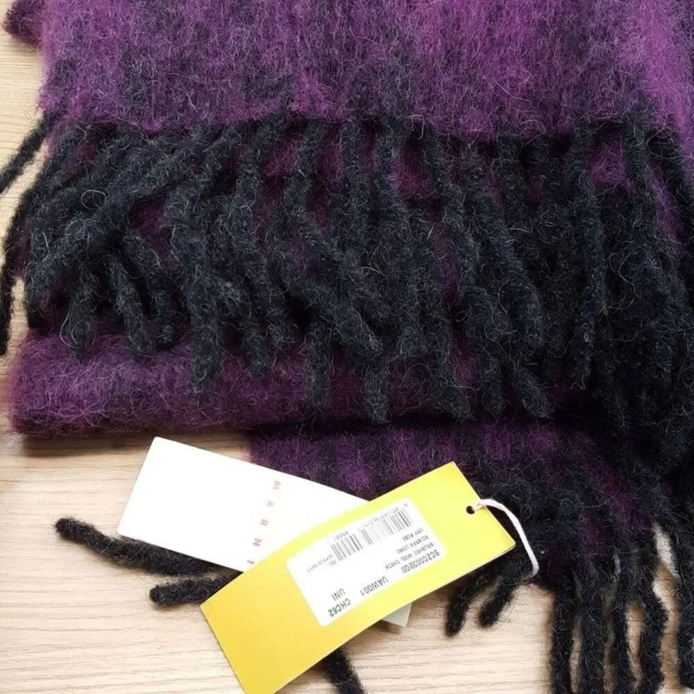 MARNI Brushed Wool Mohair Oversized Check Scarf Purple Black Fringe ITALY 100x30